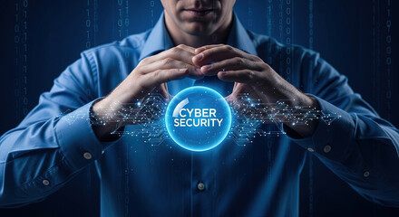 Cyber Security Protection Concept: Man Holding a Glowing Sphere with Digital Circuitry, Data Streams, and Binary Code for Business Safety