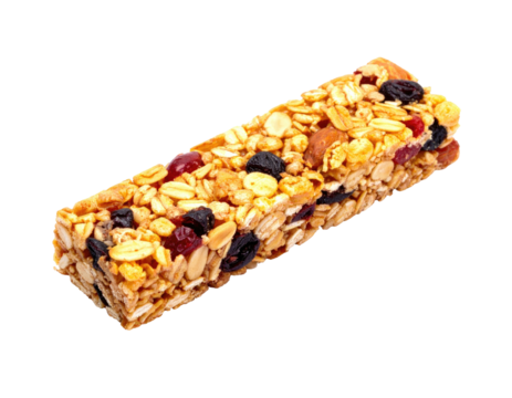 A close-up, diagonal view of a granola bar, displaying nuts and dried fruit