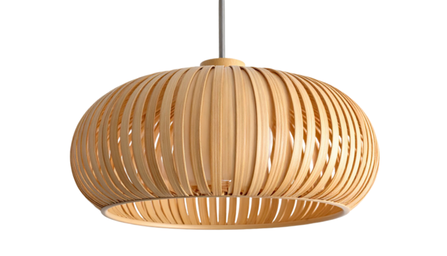 A wooden pendant light fixture with vertical slats creating an organic shape