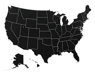 A monochrome map highlighting the states of the United States of America