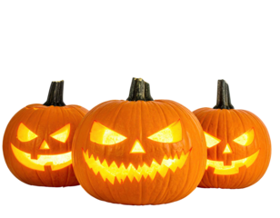 Three carved, glowing pumpkins with evil grins against a black background