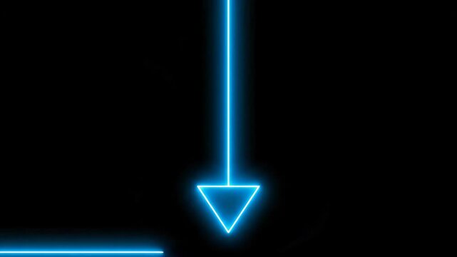 Neon Blue Arrow Pointing Down on Black Background - A bright blue neon arrow points downwards against a stark black backdrop. The arrow is outlined with a glowing blue line.
