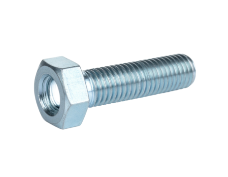 Close-up shot of a shiny, metallic bolt with hexagonal head and nut