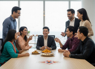 Diverse group of colleagues celebrating Deepavali together in a modern office, sharing Indian sweets and laughing.
