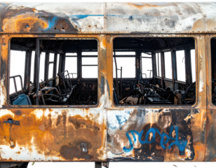 Interior view of a burnt-out train car, showcasing destruction and decay