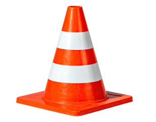 Bright orange plastic road cone with white stripes, isolated on black background