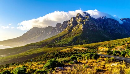 Scenic vista of rugged peaks, winding road, and coastal landscape