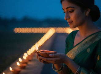 Elegant Indian woman in a traditional saree holding a diya oil lamp during a serene Diwali celebration at twilight.
