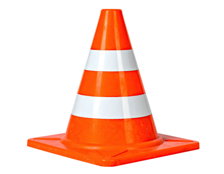Bright orange safety cone with white reflective stripes, set against a dark background