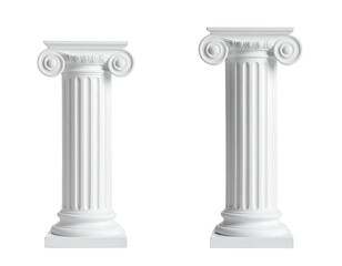 Two classical, white Ionic columns, showcasing fluted shafts, against a black background