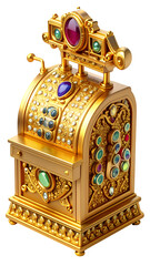 Golden Jeweled Cash Register/Slot Machine. Ornate Luxury Object Symbolizing Wealth, Fortune, and Prosperity. High-Detail, Isolated on Black for Gambling, Finance & Success Concepts.