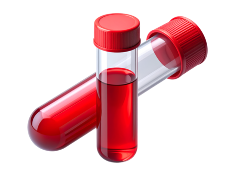 Red Liquid Samples in Test Tubes with Caps on Black. Medical Lab Research, Blood Test, Chemical Analysis, Scientific Healthcare Concept.