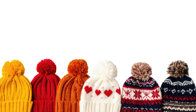 Array of six brightly colored winter hats with pom-poms and varied knit patterns