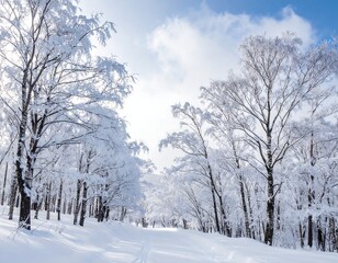 Fototapeta premium Scenic winter landscape with snow-covered trees and a sunny sky
