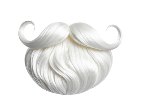A fluffy, detailed white beard with curled mustache ends, on a black background