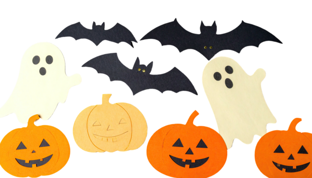 Halloween cutout decorations pumpkins, ghosts, and bats arranged against a neutral backdrop