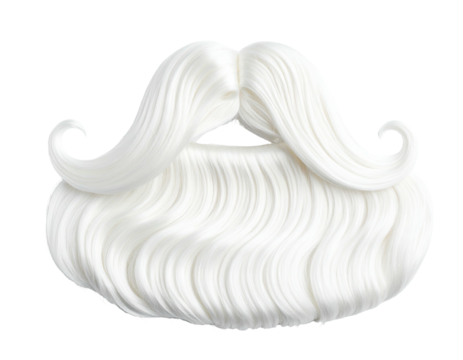An isolated, fluffy, white beard with curled mustache ends against a black background