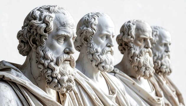 Close-up of four classical marble busts of bearded men - Powered by Adobe