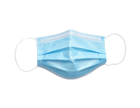 A light-blue disposable face covering with white elastic loops, set against black