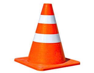 A bright orange traffic device with white stripes and a square base stands isolated