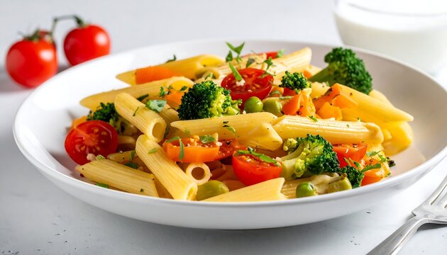 Close-up of penne pasta with vegetables in a white bowl - Powered by Adobe
