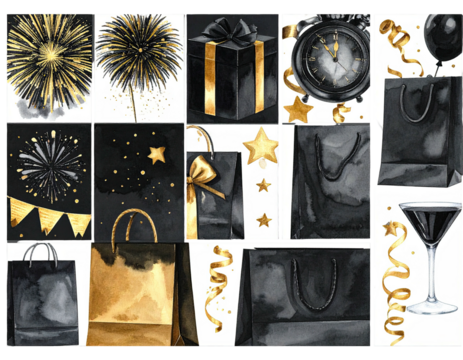 A collection of black and gold celebratory elements fireworks, gifts, clocks, bags, etc