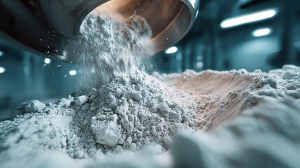 Powder pouring from a metal container, filling the scene with a soft, dusty texture. Good for industrial processes, manufacturing, or materials science concepts.