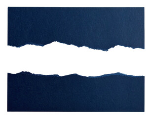 Torn blue paper strips, irregular edges, on black background, creating a void