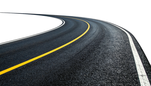 Winding asphalt road curving with yellow and white lines against a black background