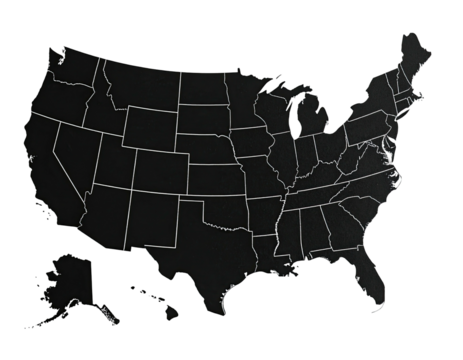 Dark grayscale outline of the United States of America with state borders