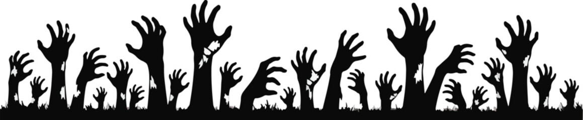 Obraz premium Zombie hands rising from the ground black silhouette illustration for Halloween designs isolated on white background
