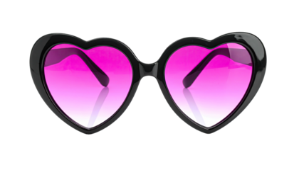 Black heart-shaped sunglasses with pink lenses on a black background