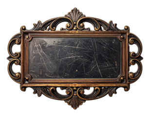Ornate, antique frame with scrolling details, holding a scratched, dark surface