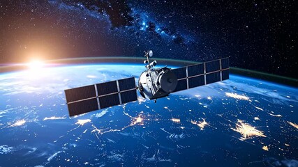A satellite in orbit around Earth, capturing data and transmitting signals for communication and observation.