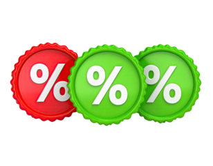 Three colorful circular symbols with percentage signs against a black background