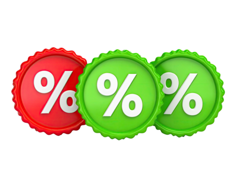 Three colorful circular symbols with percentage signs against a black background