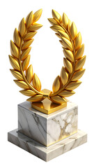 Golden Laurel Wreath Trophy on Elegant Marble Base - Symbol of Victory, Success & Achievement on Black Background