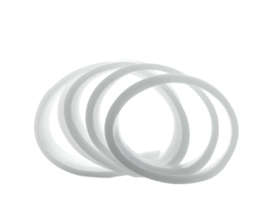 Four interlocking, shiny, white rings floating against a black background