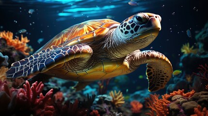 Obraz premium A Majestic Sea Turtle Glides Gracefully Through Vibrant Coral Reefs Underneath the Ocean's Surface