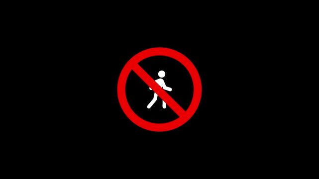 Red Circle With Diagonal Line Over White Pedestrian Symbol On Black Background Keywords: no pedestrians, walking, pedestrian