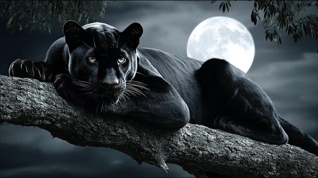 Black panther resting on a tree branch with full moon background