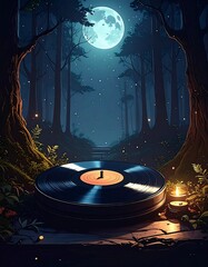 Vinyl record in the moonlit forest at night