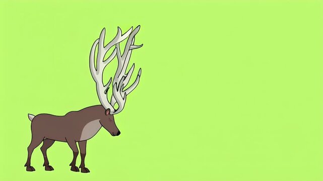 Brown Moose with Large Antlers Standing on Bright Lime Green Background in a Cartoon Style
