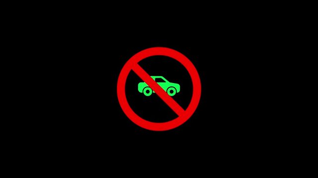 Red Circle With Diagonal Line Over Green Car Icon On Black Background no cars car ban
