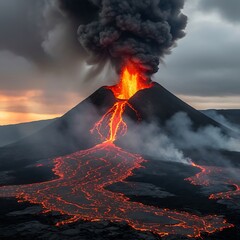 Volcanic Eruption - Lava Flowing Down a Mountain, Iceland.