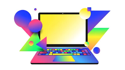 Colorful laptop surrounded by abstract geometric shapes representing technology, design, and innovation
