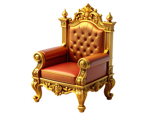 Regal Golden Throne Chair with Luxurious Red Leather Upholstery Isolated on Black Background - Symbol of Power and Authority