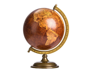 Antique desk globe showing continents, with metallic stand, isolated on black