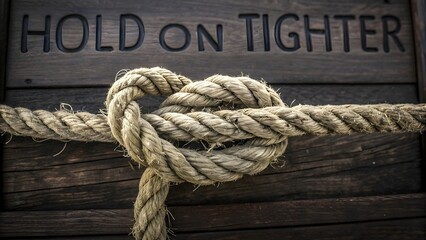 Detailed close up of a tied rope knot against wooden background