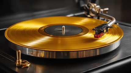 Golden vinyl record spinning on a vintage turntable player in low light. Great to illustrate music, audiophile, or nostalgic vintage themes.